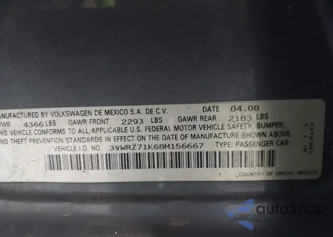 2008 Volkswagen Jetta Se из США, поврежденный, VIN 3VWRZ71K68M156667